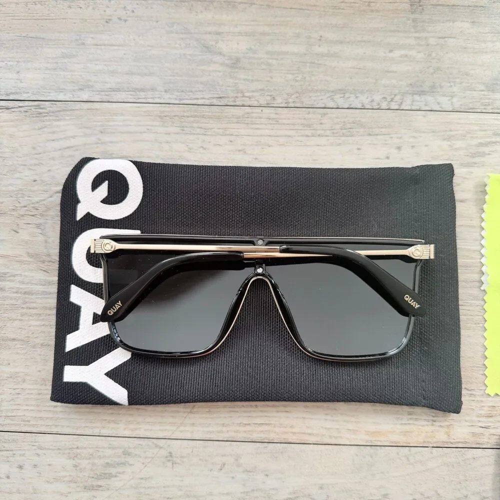 QUAY Nightfall Remixed Black Oversized Shield Sunglasses Black Polarized Lens